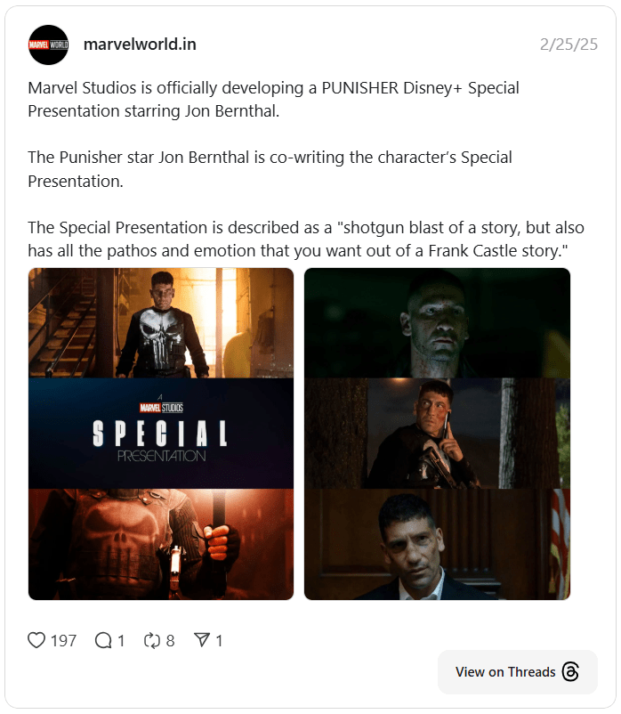 Marvel Studios is officially developing a PUNISHER Disney+ Special Presentation starring Jon Bernthal.